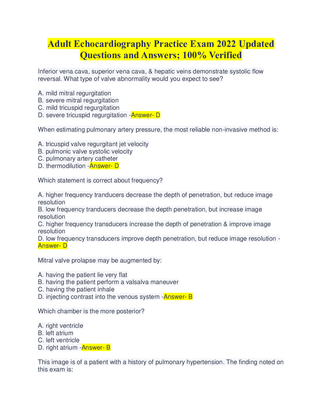 Preview image for Adult Echocardiography Practice Exam 2022 Updated Questions and Answers; 100% Verified
